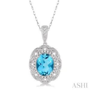 1/10 Ctw Oval Cut 8x6mm Blue Topaz & Round Cut Diamond Semi Precious Pendant With Chain in 10K White Gold