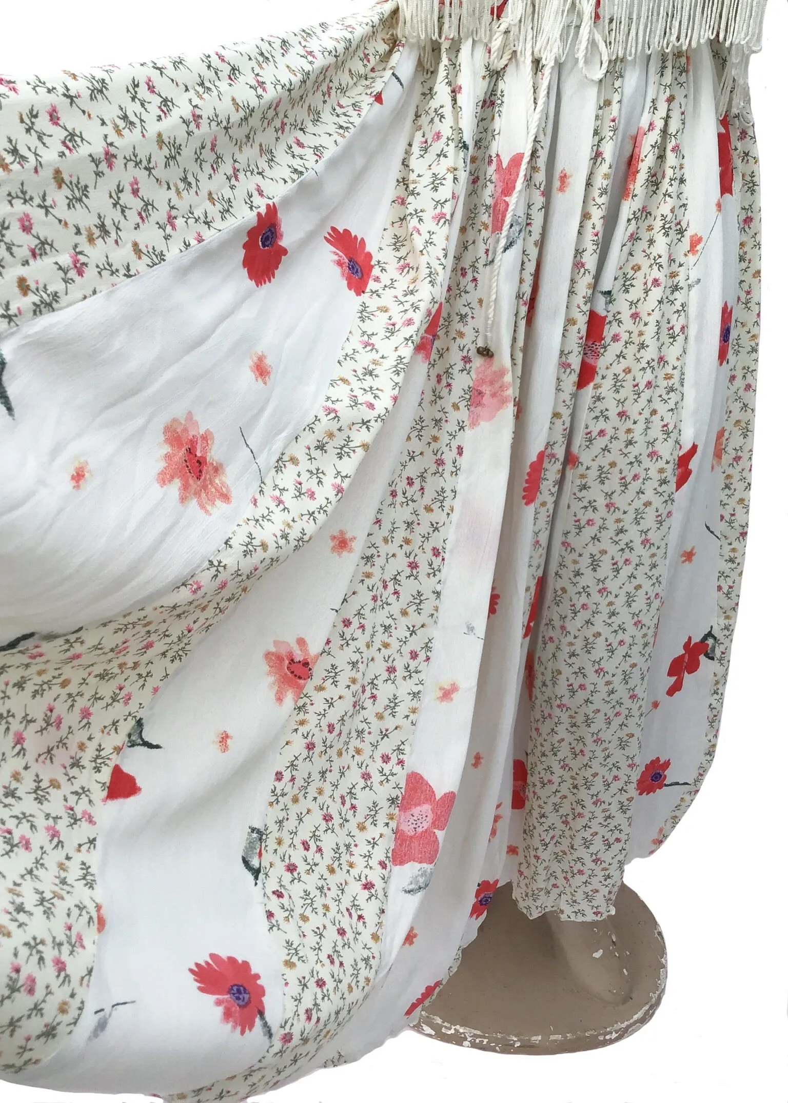 1990s Vintage White & Red Floral Panel Hippy Skirt