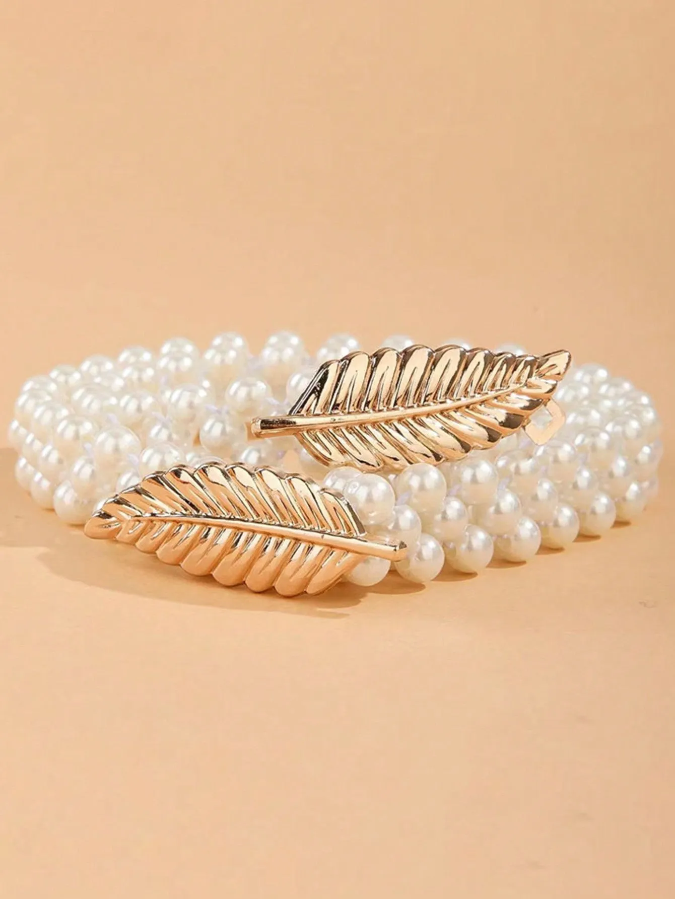 1pc Women's Pearl Belt With Leaf Buckle, Perfect For Dresses, Elastic Waist Chain, Fashionable And Elegant Waistband Decoration