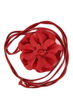 Bright Red Faux Leather Flower Tie Belt