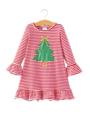 Christmas Tree Print Striped Girls Dress