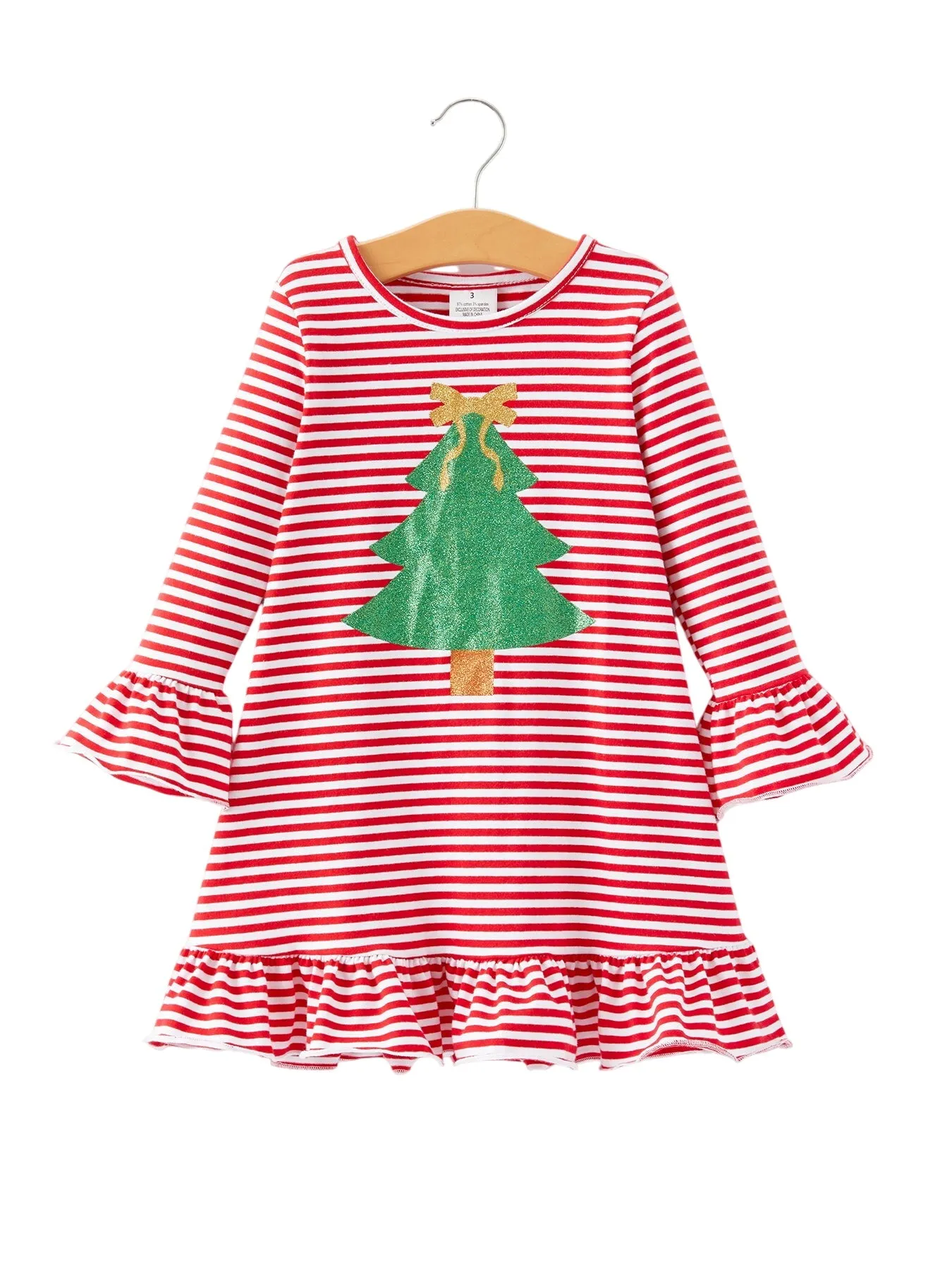 Christmas Tree Print Striped Girls Dress