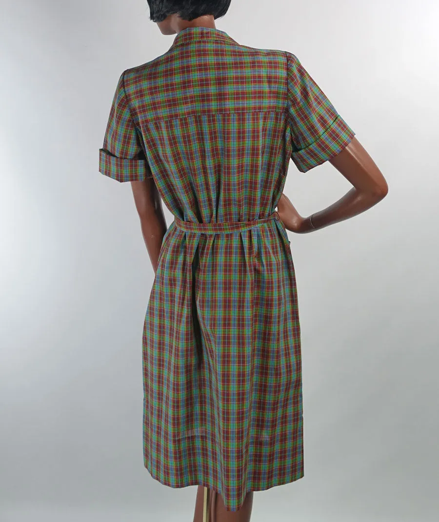 Deadstock 50s 60s Day Dress Plaid Shirtwaist Style Vintage Shift Large Nancy Frock Dan River VFG