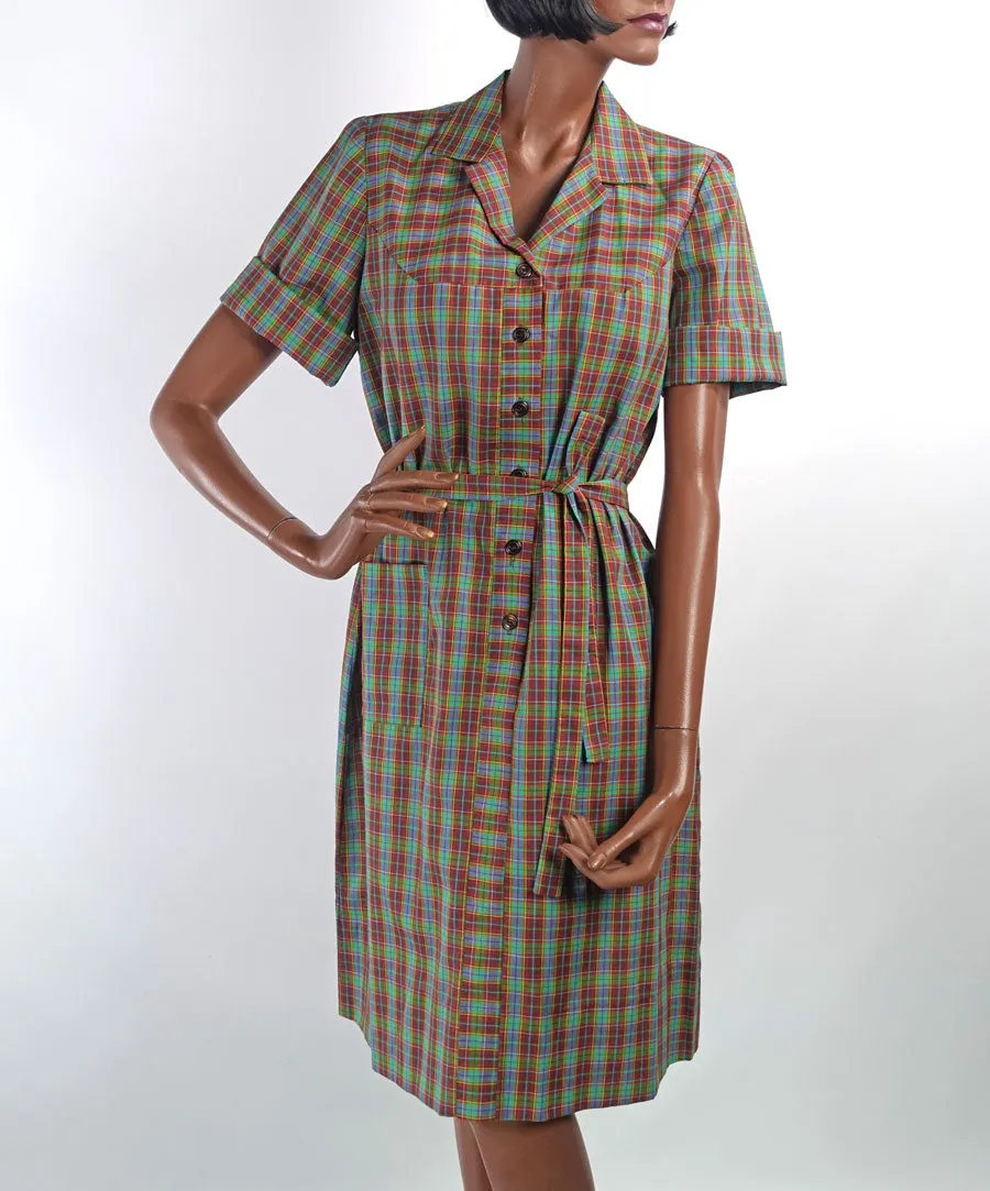 Deadstock 50s 60s Day Dress Plaid Shirtwaist Style Vintage Shift Large Nancy Frock Dan River VFG