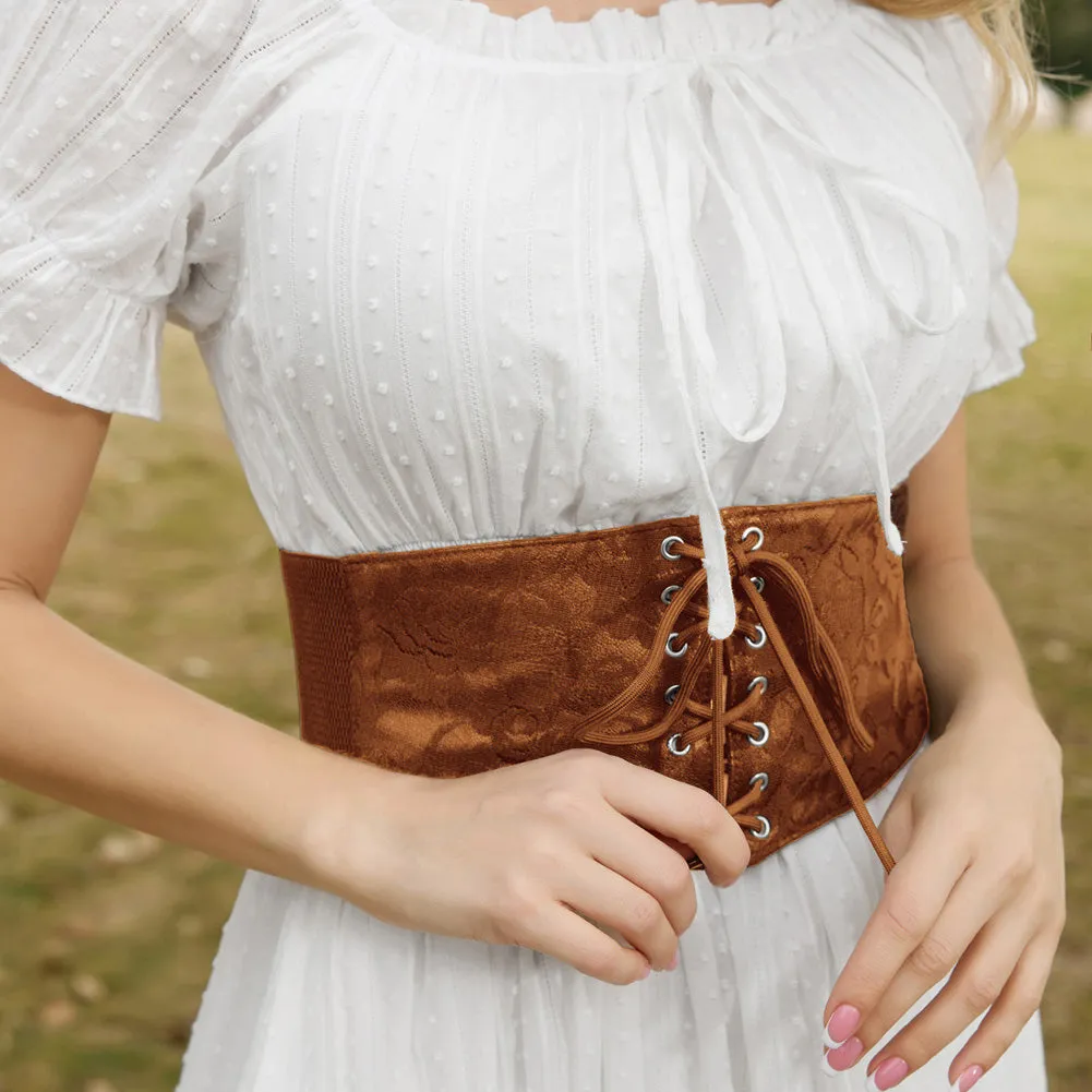 Lace Covered Polyurethane Leather Waistband Stretchy Waist Belt