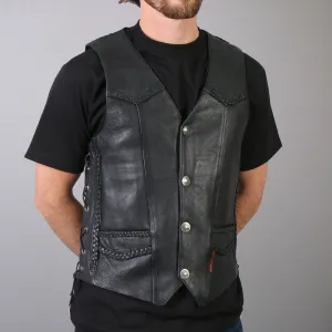 Men's Buffalo Nickel Snap Leather Vest w/ Braided Detail, VSM1008-HL