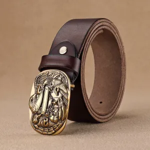 Men's Carved Flock of Eagles Head Buckle Leather Belt