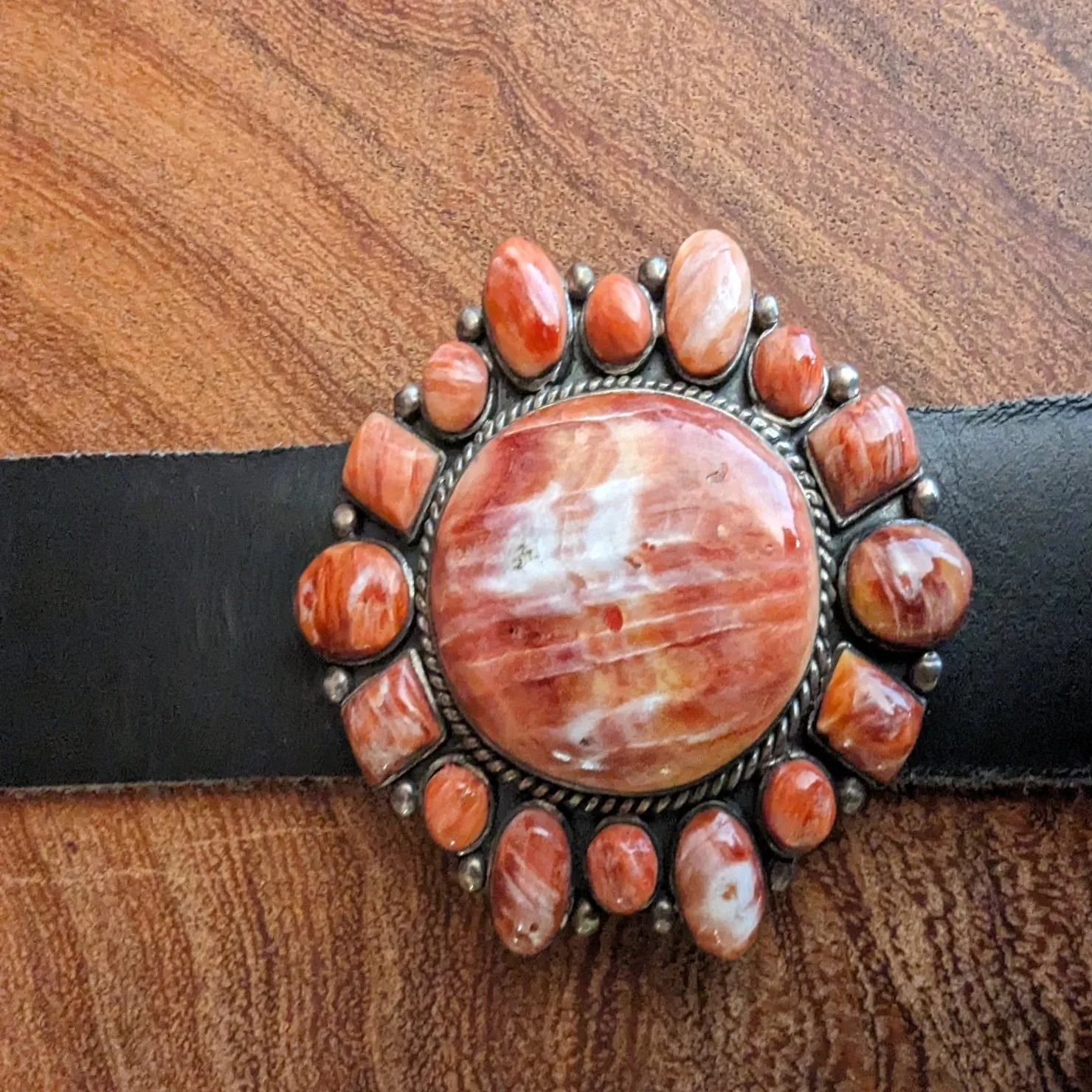 Navajo Made Red/Orange Spiny Oyster Concho Leather Belt GJ-BLT-0004