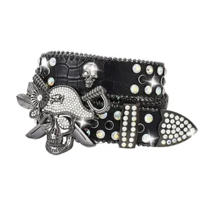 Punk Pirate Buckle Rhinestone Studded Leather Belt