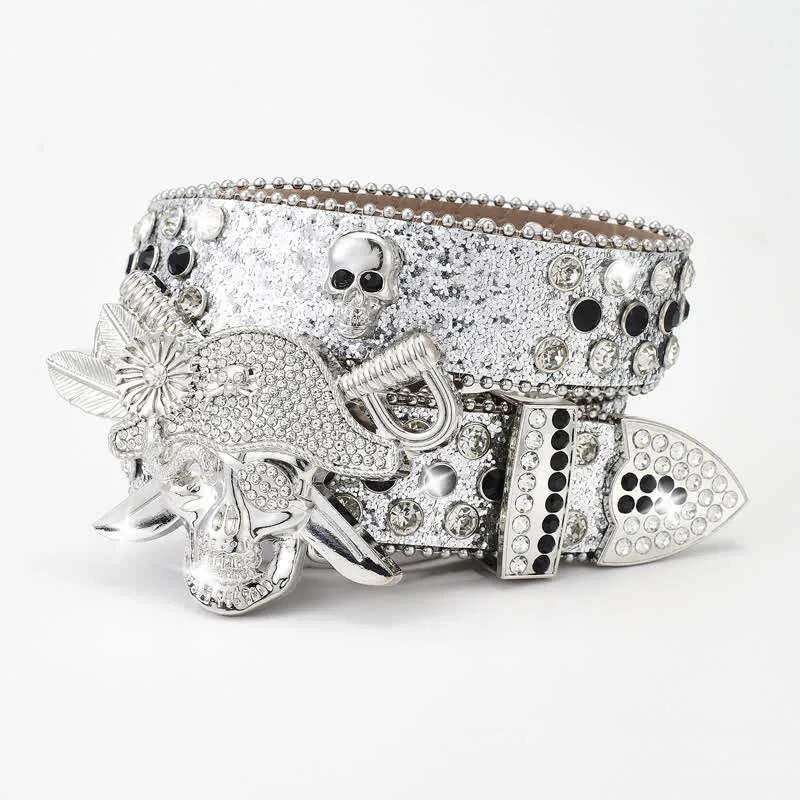 Punk Pirate Buckle Rhinestone Studded Leather Belt