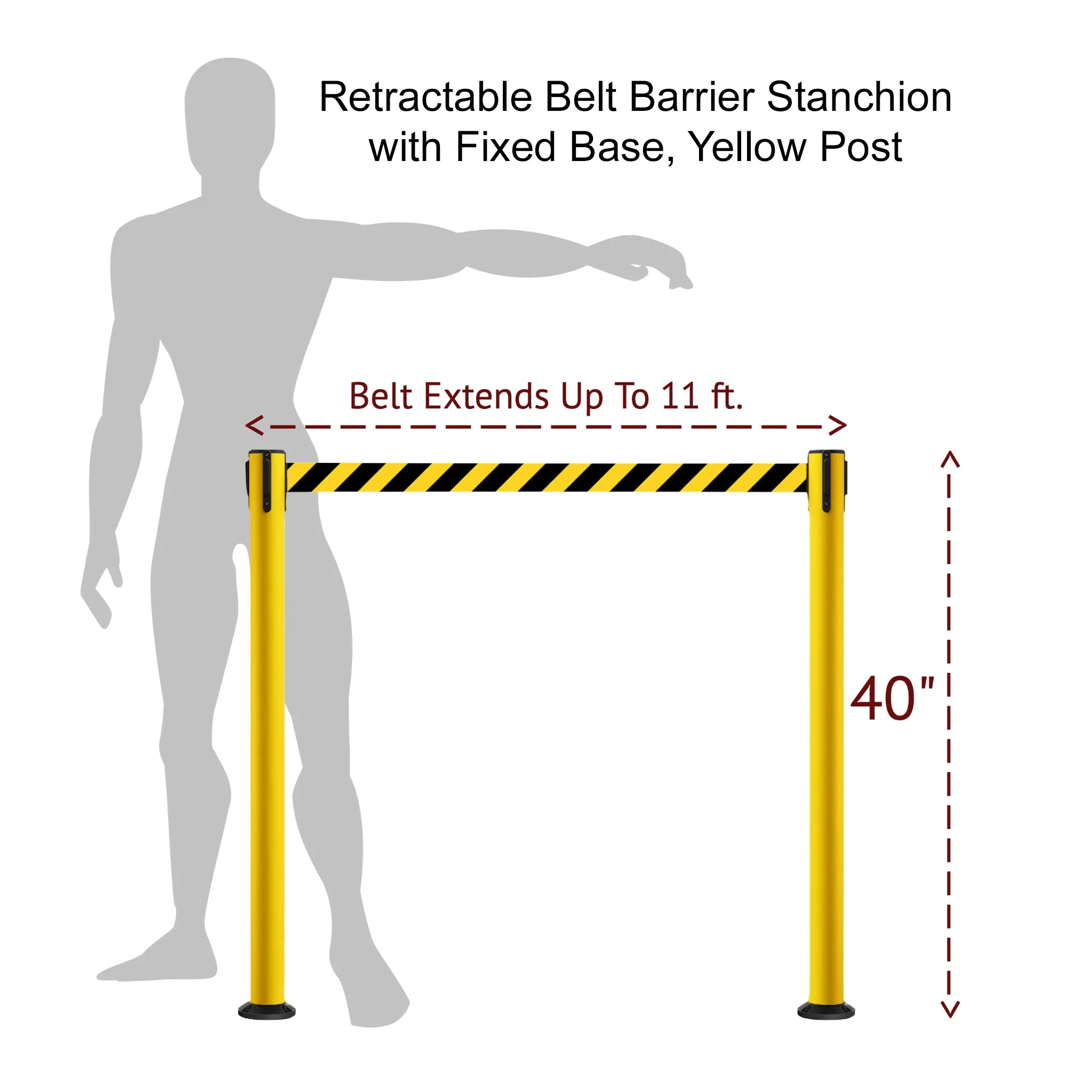 Retractable Belt Barrier Safety Stanchion, Fixed Base, Yellow Post, 11 Ft. Belt - Montour Line MSX630F