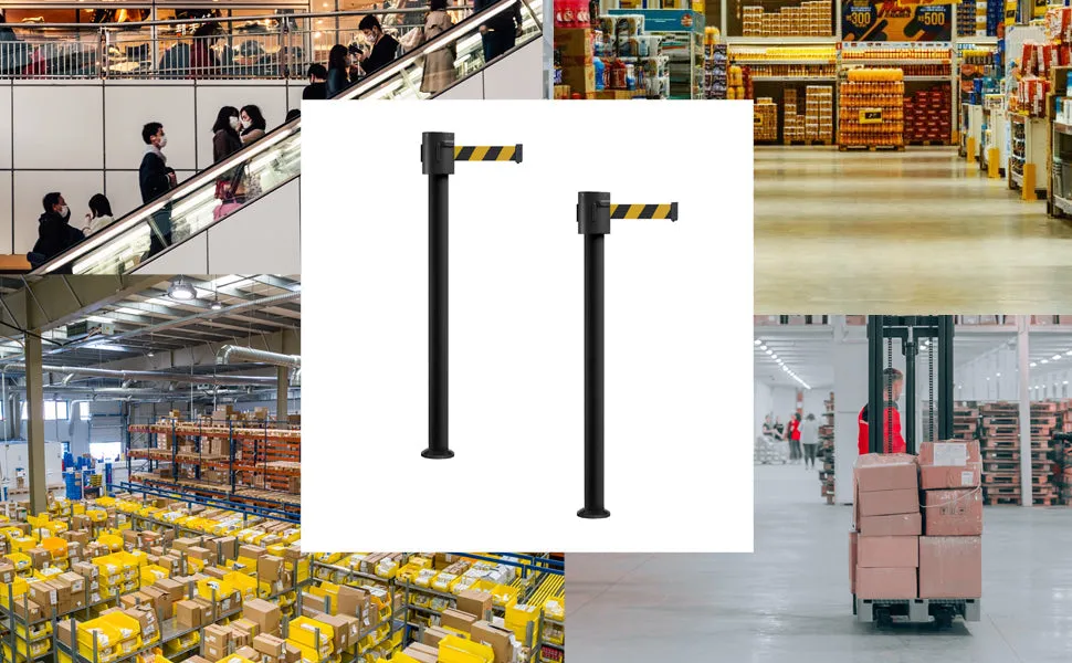 Retractable Belt Barrier Stanchion, Fixed Base, Black Powder Coated Post, 35 ft Belt - Montour Line MX760F