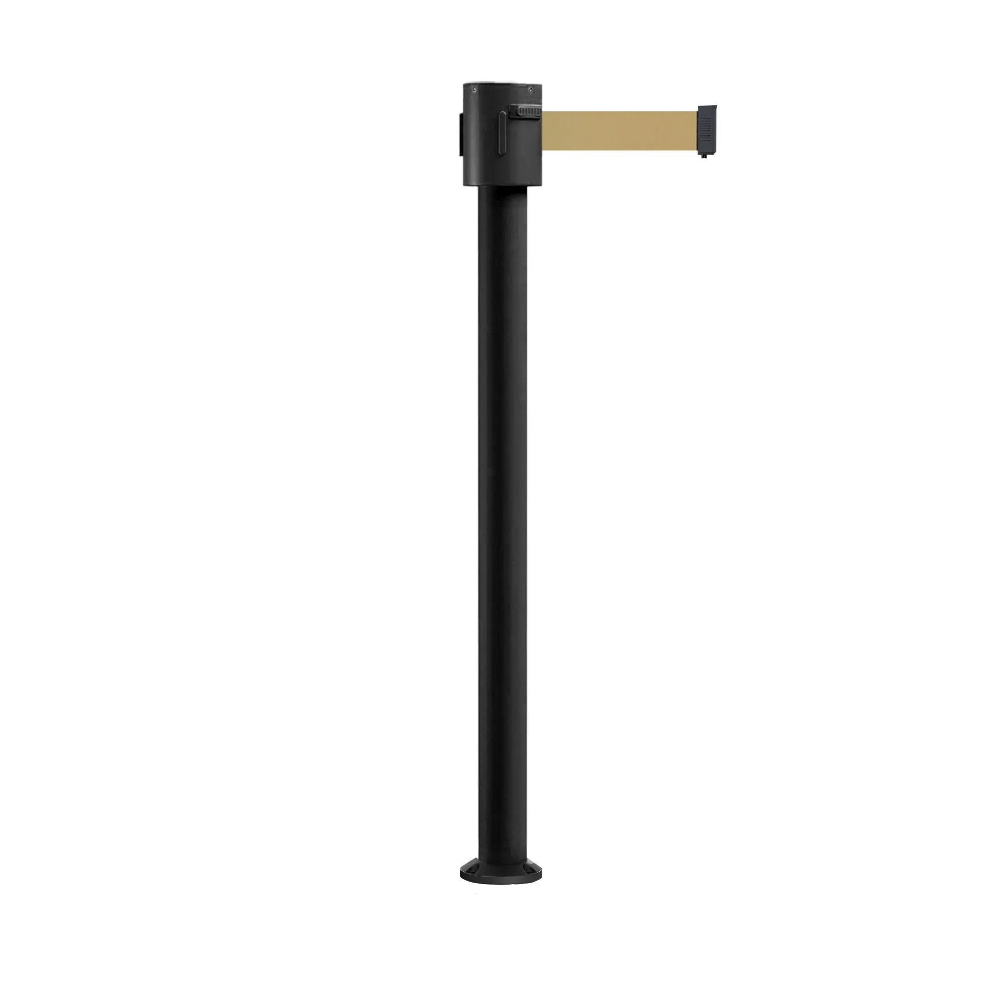 Retractable Belt Barrier Stanchion, Fixed Base, Black Powder Coated Post, 35 ft Belt - Montour Line MX760F