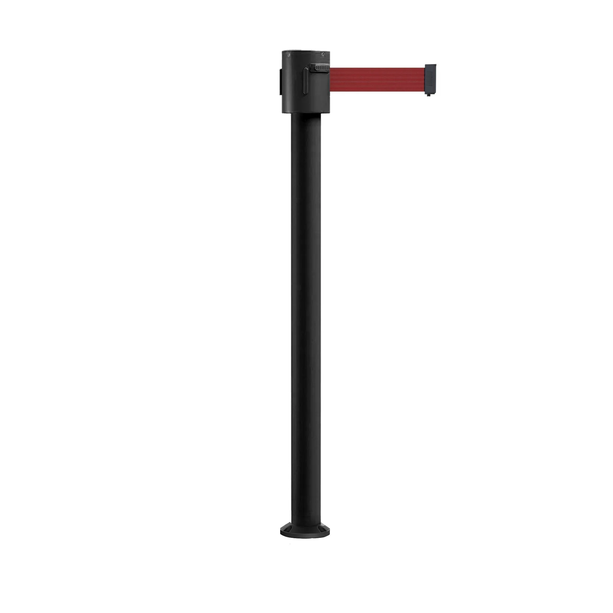 Retractable Belt Barrier Stanchion, Fixed Base, Black Powder Coated Post, 35 ft Belt - Montour Line MX760F