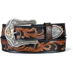 Tony Lama Black/Tan Floral Tooled Westerly Ride Belt