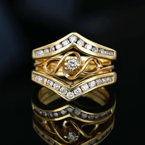 Vintage 14K Gold Diamond Solitaire Ring w Chevron Jacket