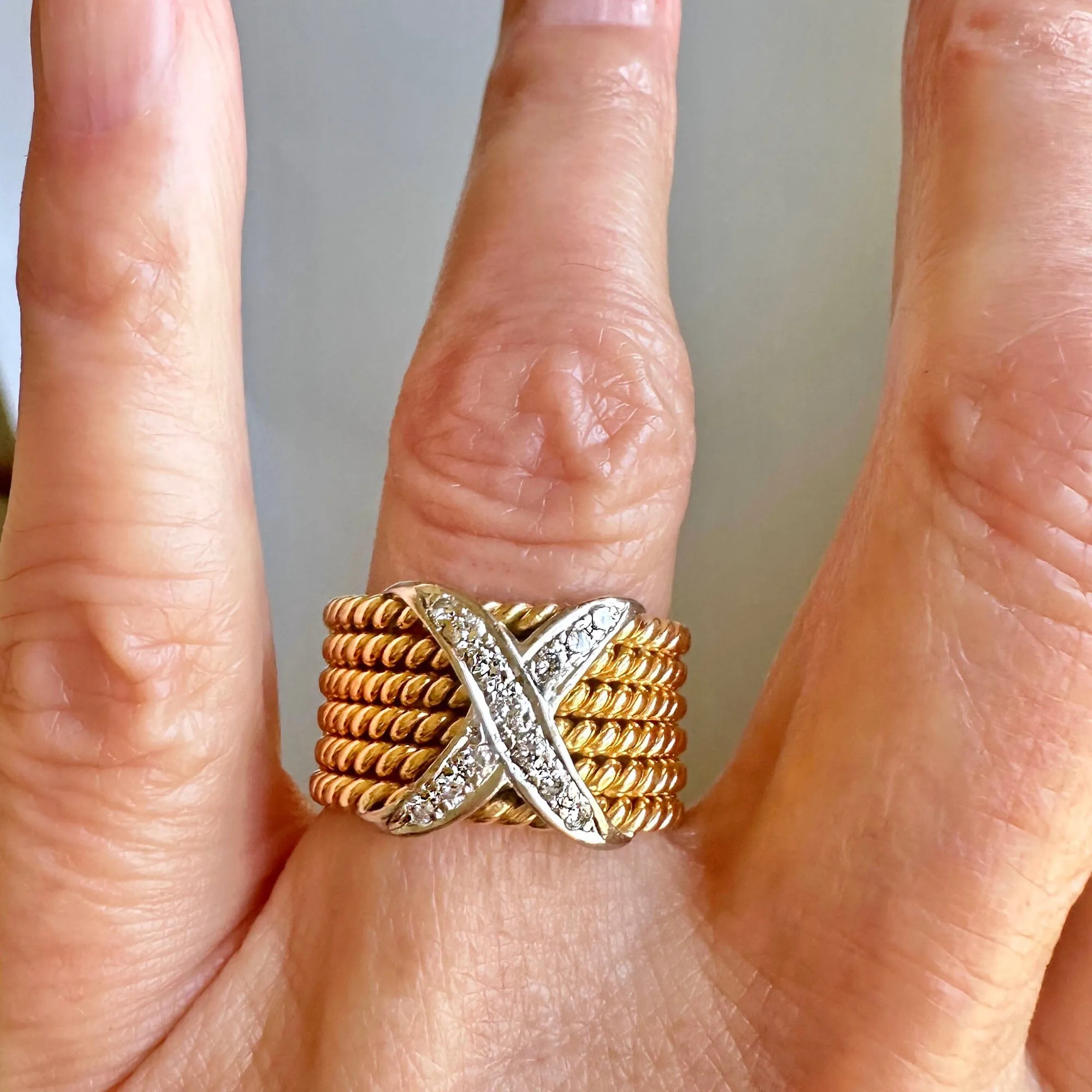 Wide 18K Gold Six Row Rope Ring w Diamond X, Schlumberger Style