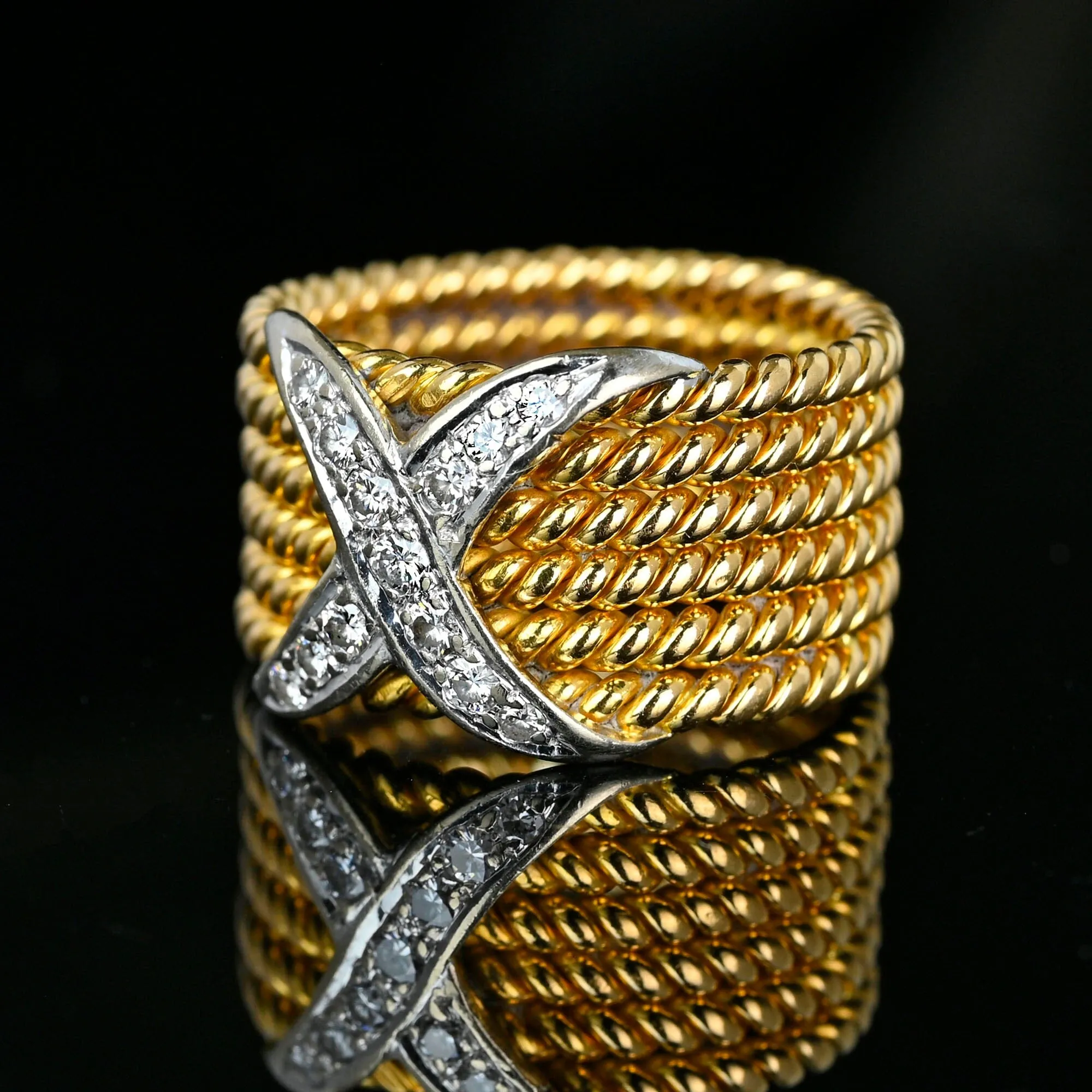 Wide 18K Gold Six Row Rope Ring w Diamond X, Schlumberger Style