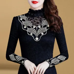 Women Lace Warm High Collar Long Sleeve Blouse