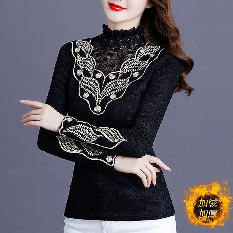 Women Lace Warm High Collar Long Sleeve Blouse