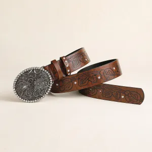 Women's Carved Flower Rhinestone Inlaid Buckle Leather Belt