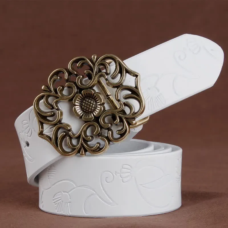 Women's Vintage Flower Hollow Buckle Embossed Leather Belt